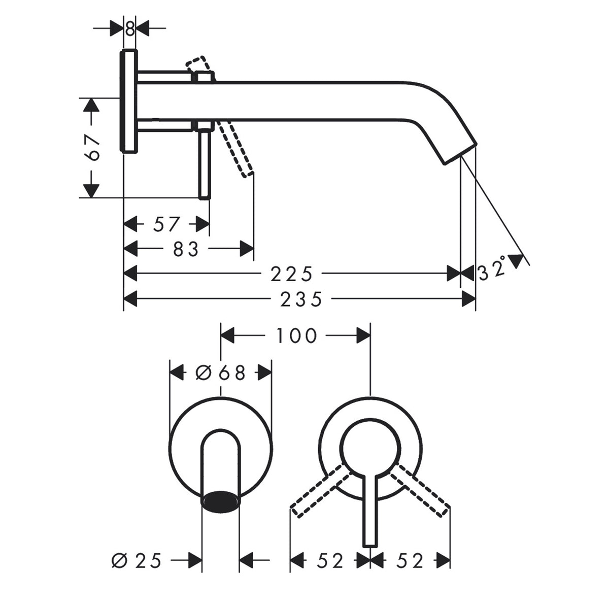 hansgrohe tecturis s 225 wall mounted single lever basin mixer tap with waste dimensions