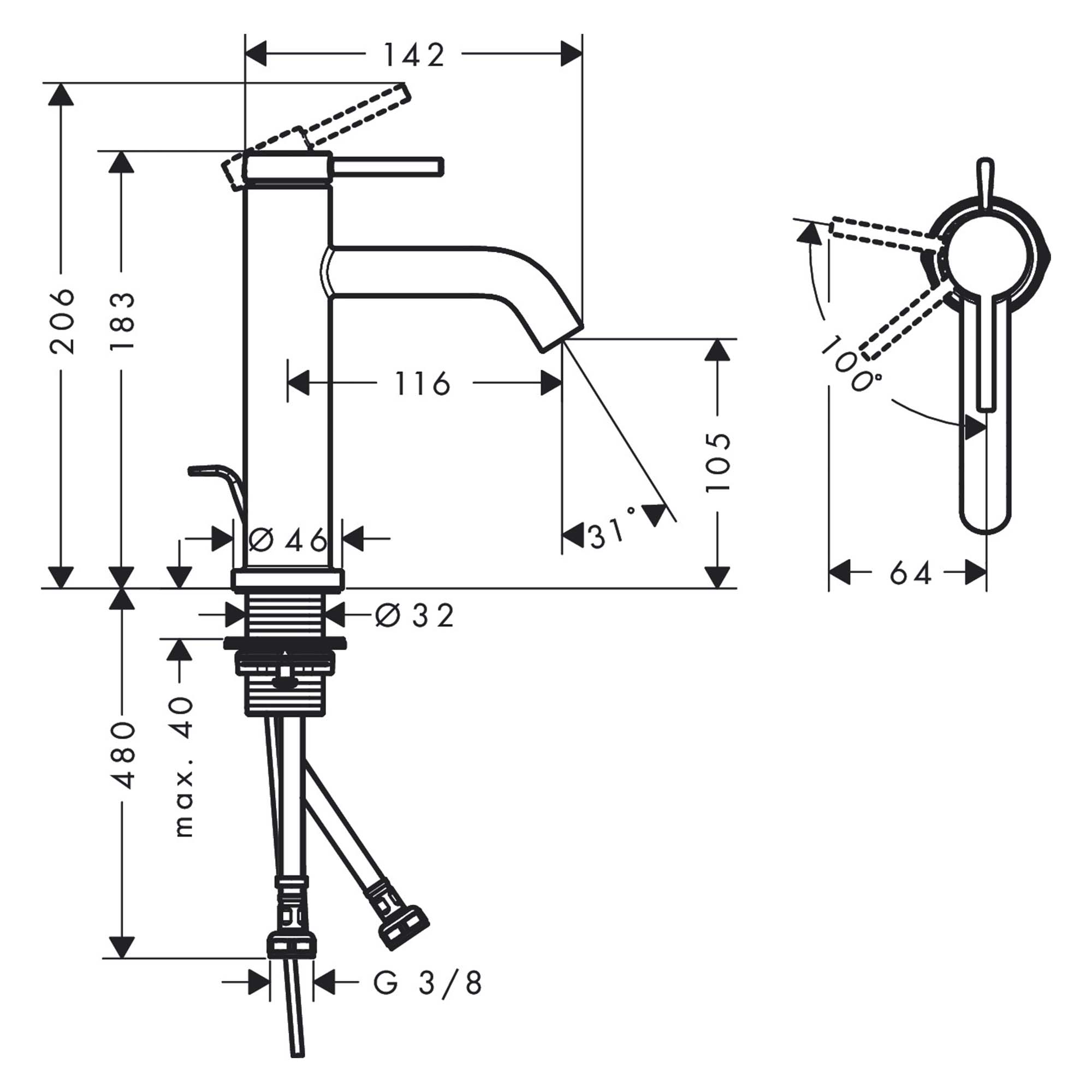 hansgrohe tecturis s single lever basin mixer 110 coolstart with pop up waste