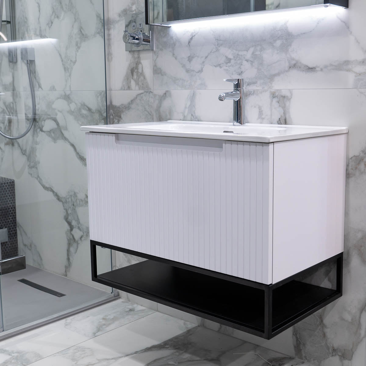 Harmony 800 Wall Mounted Vanity Unit With Ceramic Basin and Open Bottom Shelf - White