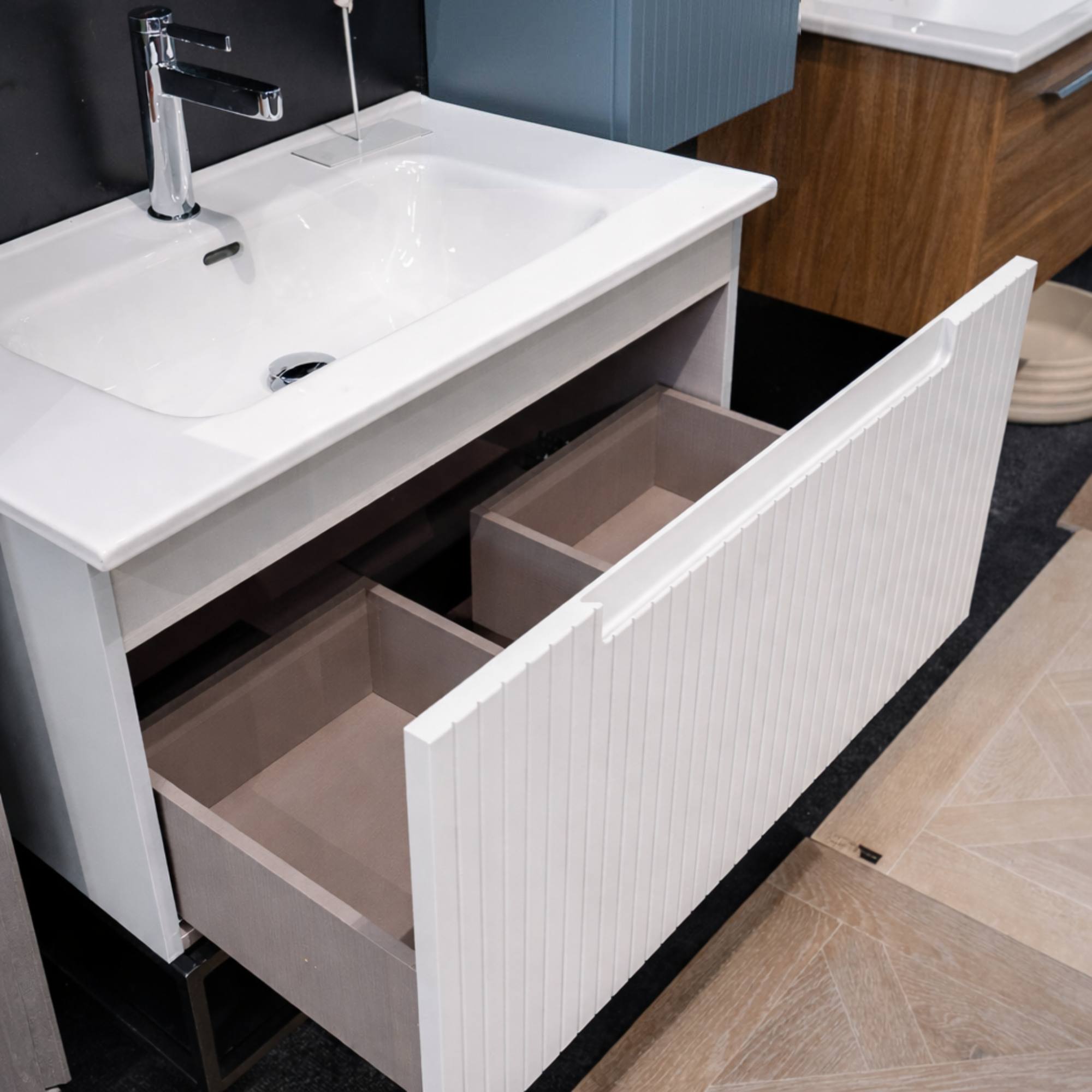 Harmony Wall Mounted Vanity Unit With open shelving in White Finish - Deluxe Bathrooms, Ireland