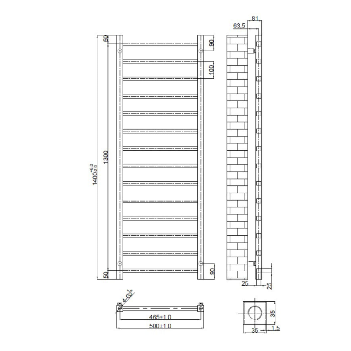 Helston Straight Ladder Heated Towel Rail Technical Drawing