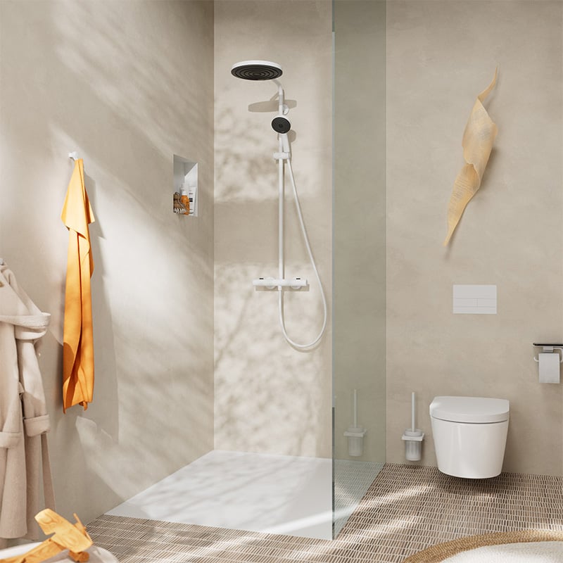 Lifestyle view of the Hansgrohe Pulsify S Puro Shower - in matt white, supplied by Deluxe Bathrooms.