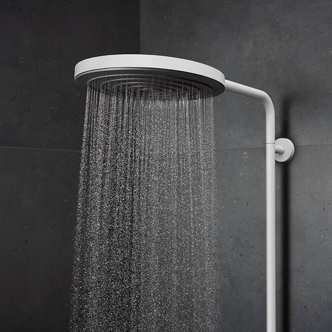 Extra fine, enveloping spray of water from Hansgrohe overhead shower head  - in matt white finish, supplied by Deluxe Bathrooms.