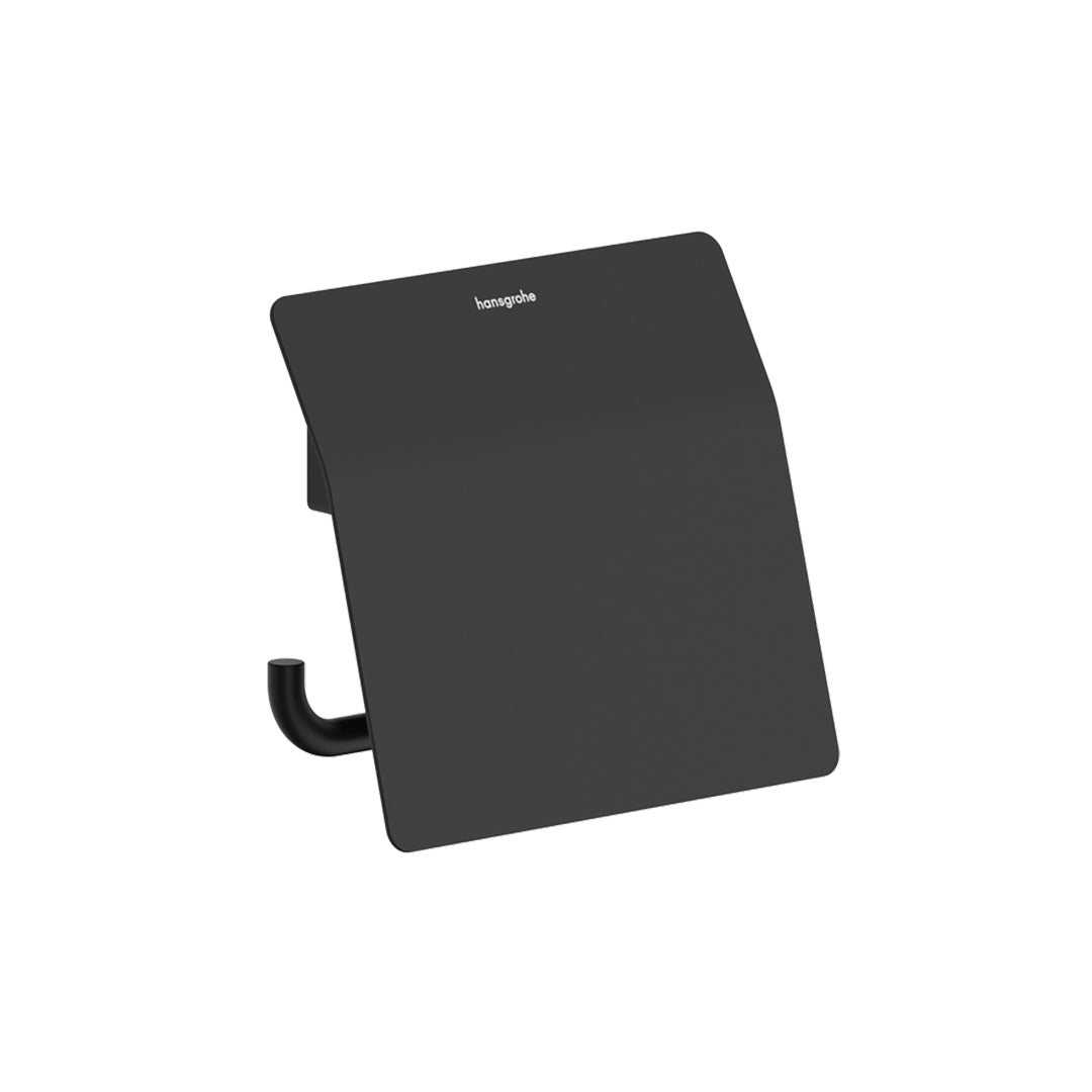 Hansgrohe AddStoris S Toilet Roll Holder with Cover in matt black finish, supplied by Deluxe Bathrooms.