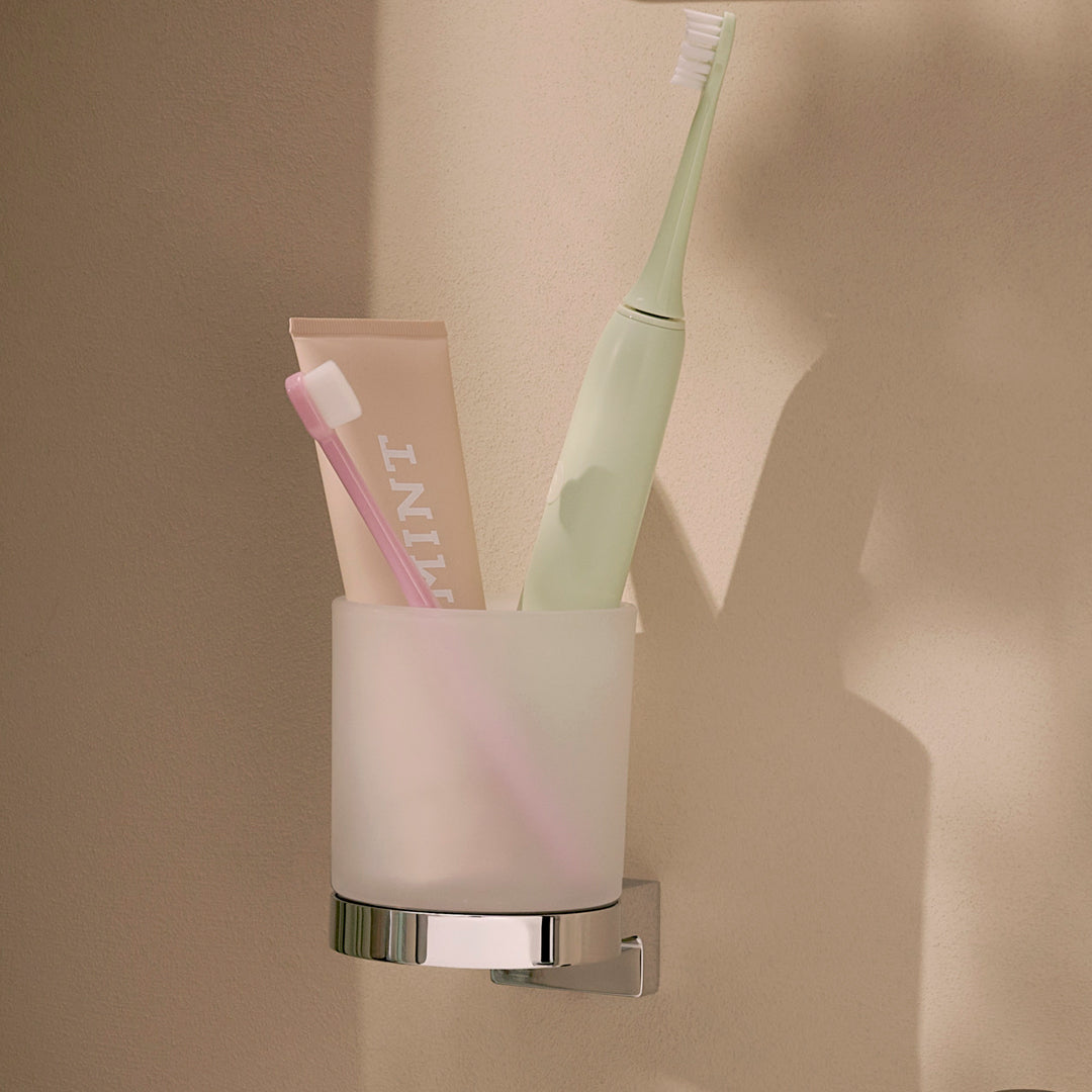 Hansgrohe AddStoris S Toothbrush Tumbler in chrome finish, supplied by Deluxe Bathrooms.