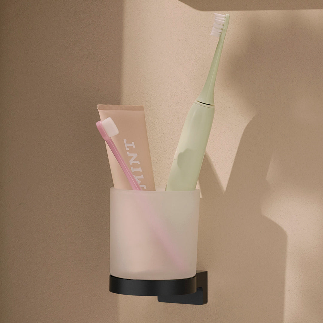 Hansgrohe AddStoris S Toothbrush Tumbler in matt black finish, supplied by Deluxe Bathrooms.