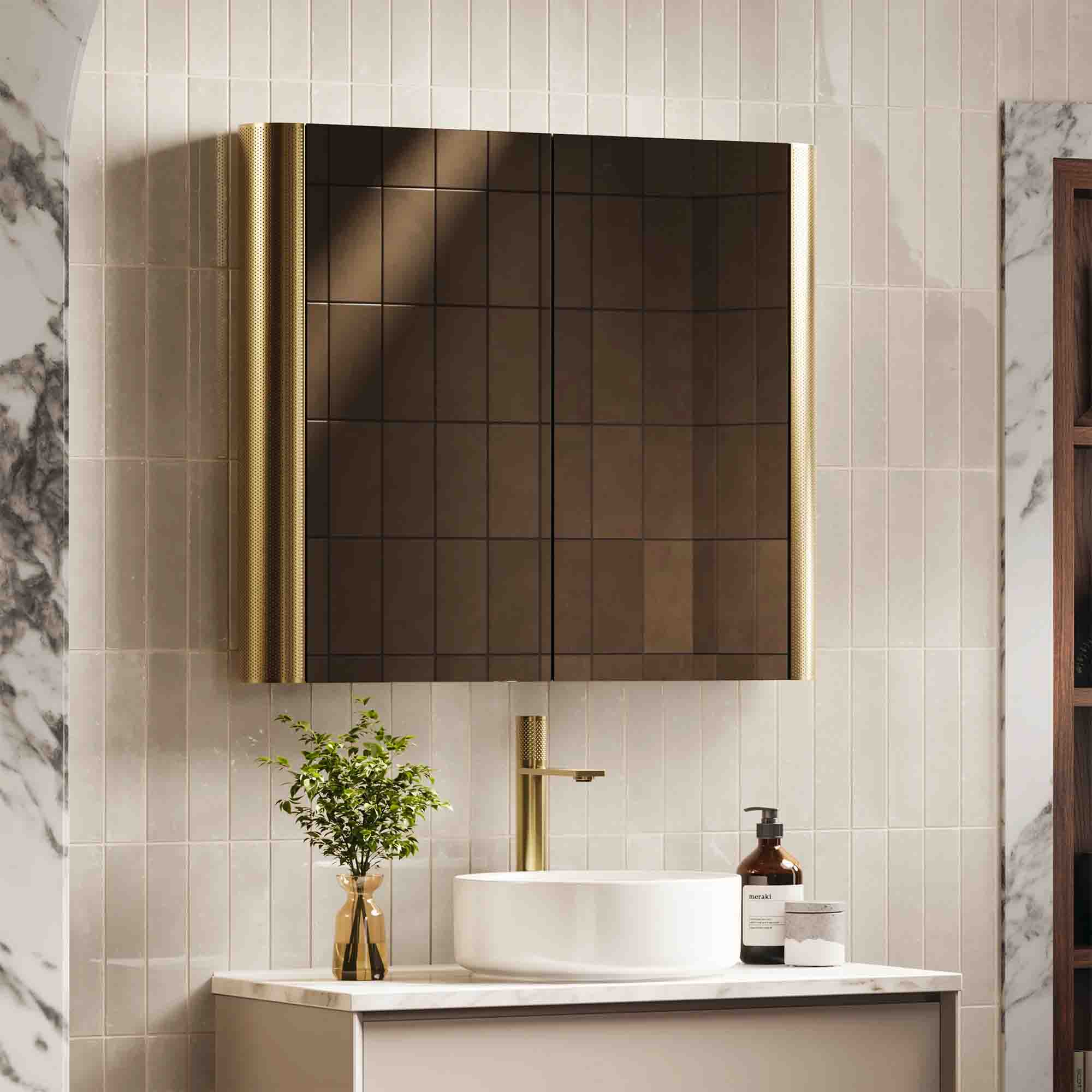 hib bastille 80 mesh double door mirror cabinet brushed brass lifestyle