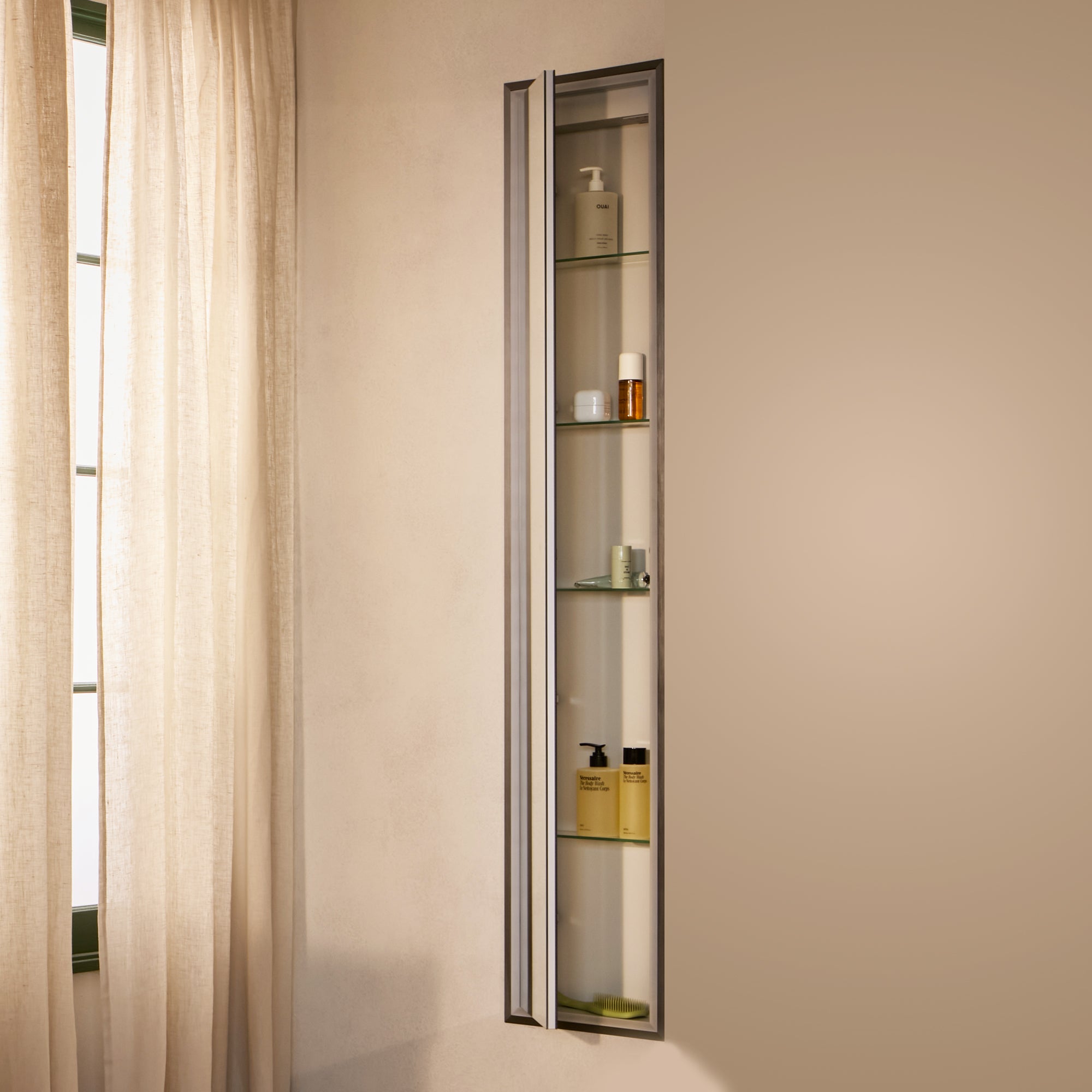 Hib Vanquish 30cm recessed mirror cabinet with door open. Supplied by Deluxe Bathrooms.