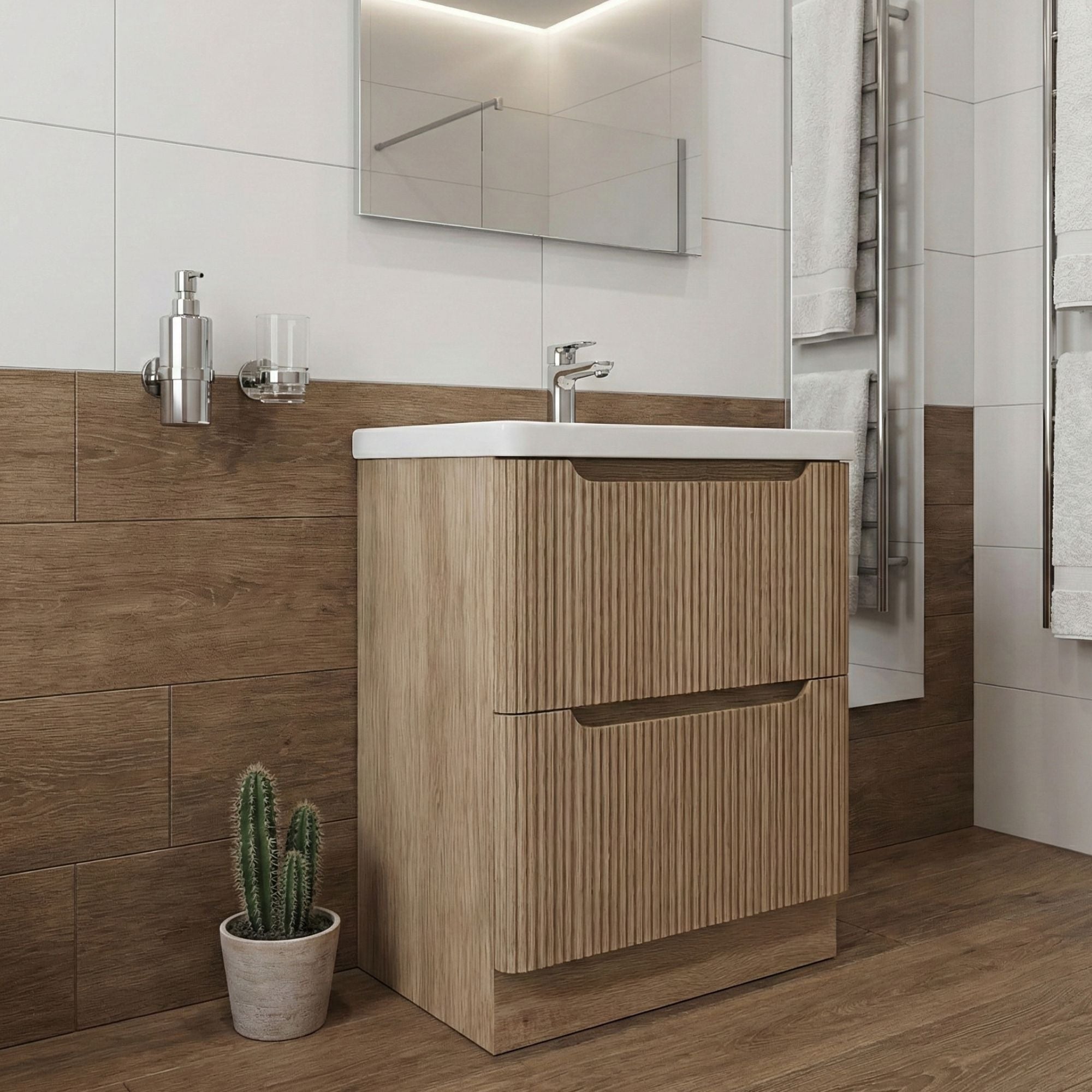 Hudson 600 Fluted Floor Standing Vanity Unit With Washbasin in Country Oak Finish Deluxe Bathrooms