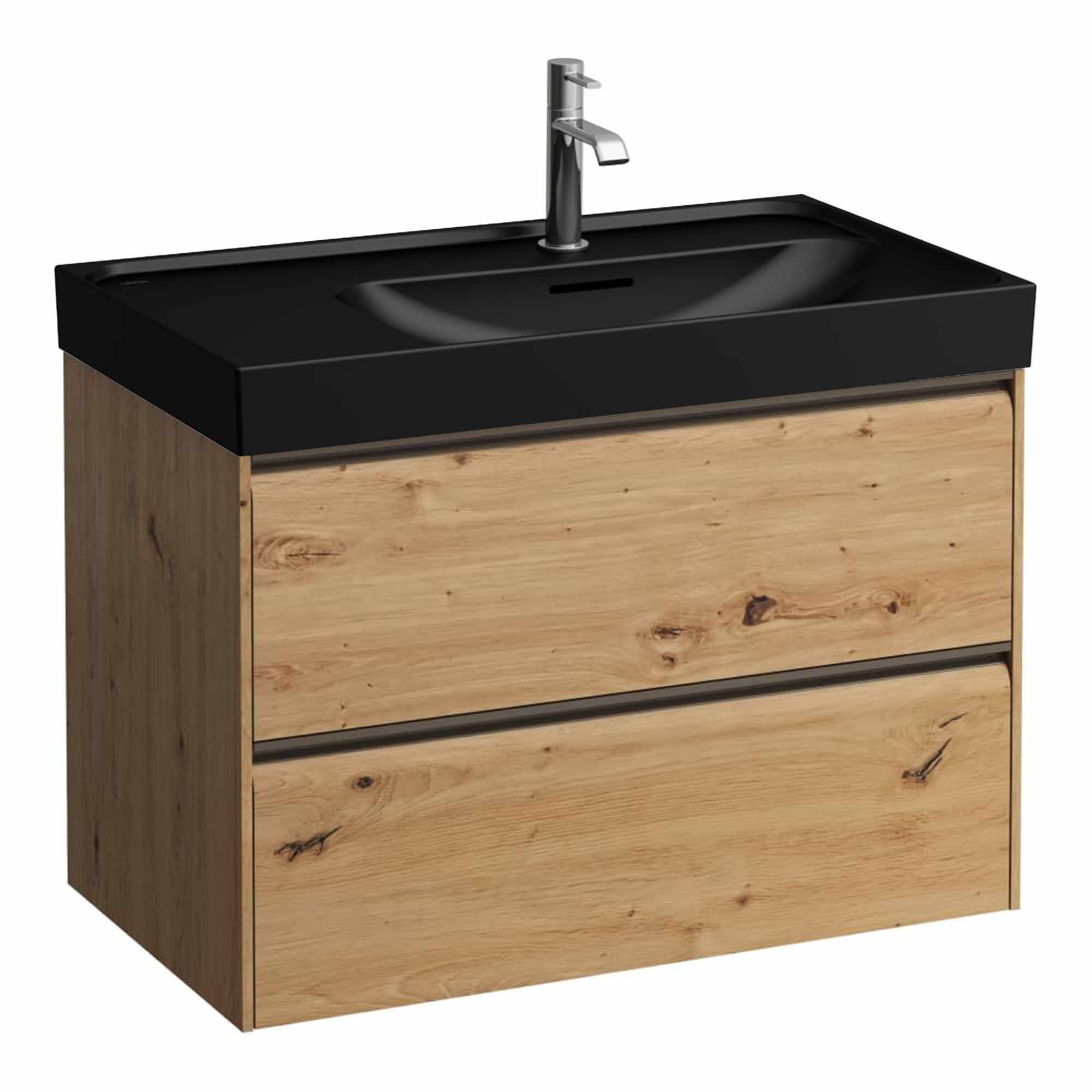 laufen meda 800 wall mounted vanity unit with matt black basin shelf left wild oak