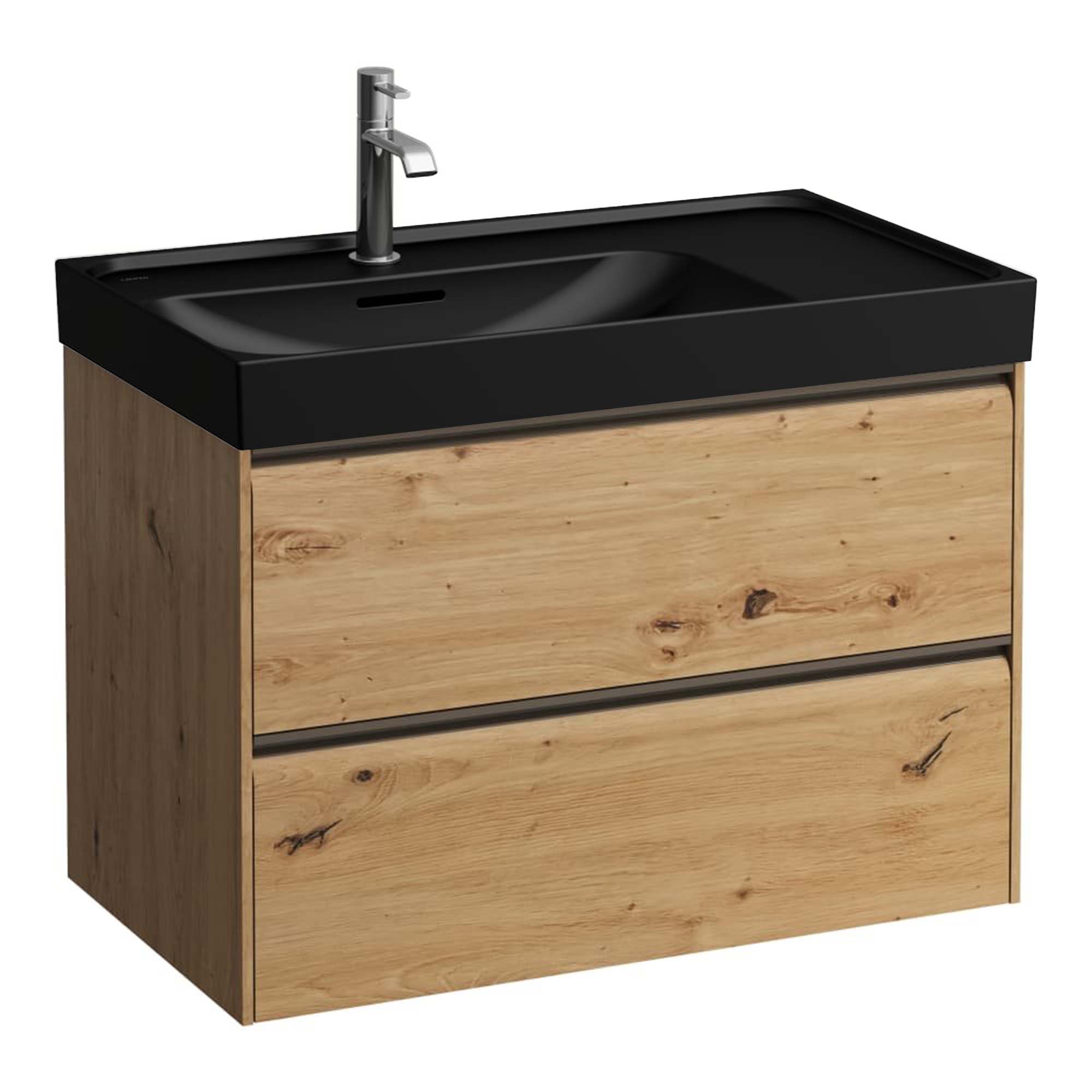 laufen meda 800 wall mounted vanity unit with matt black basin shelf right wild oak