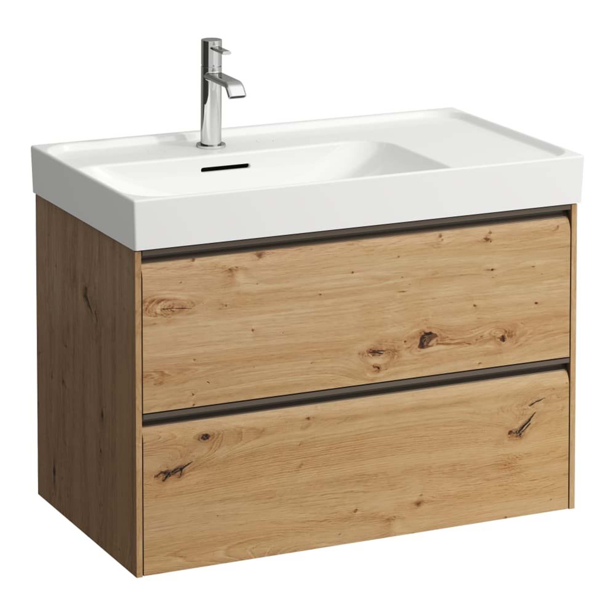 laufen meda 800 wall mounted vanity unit with white basin shelf right wild oak