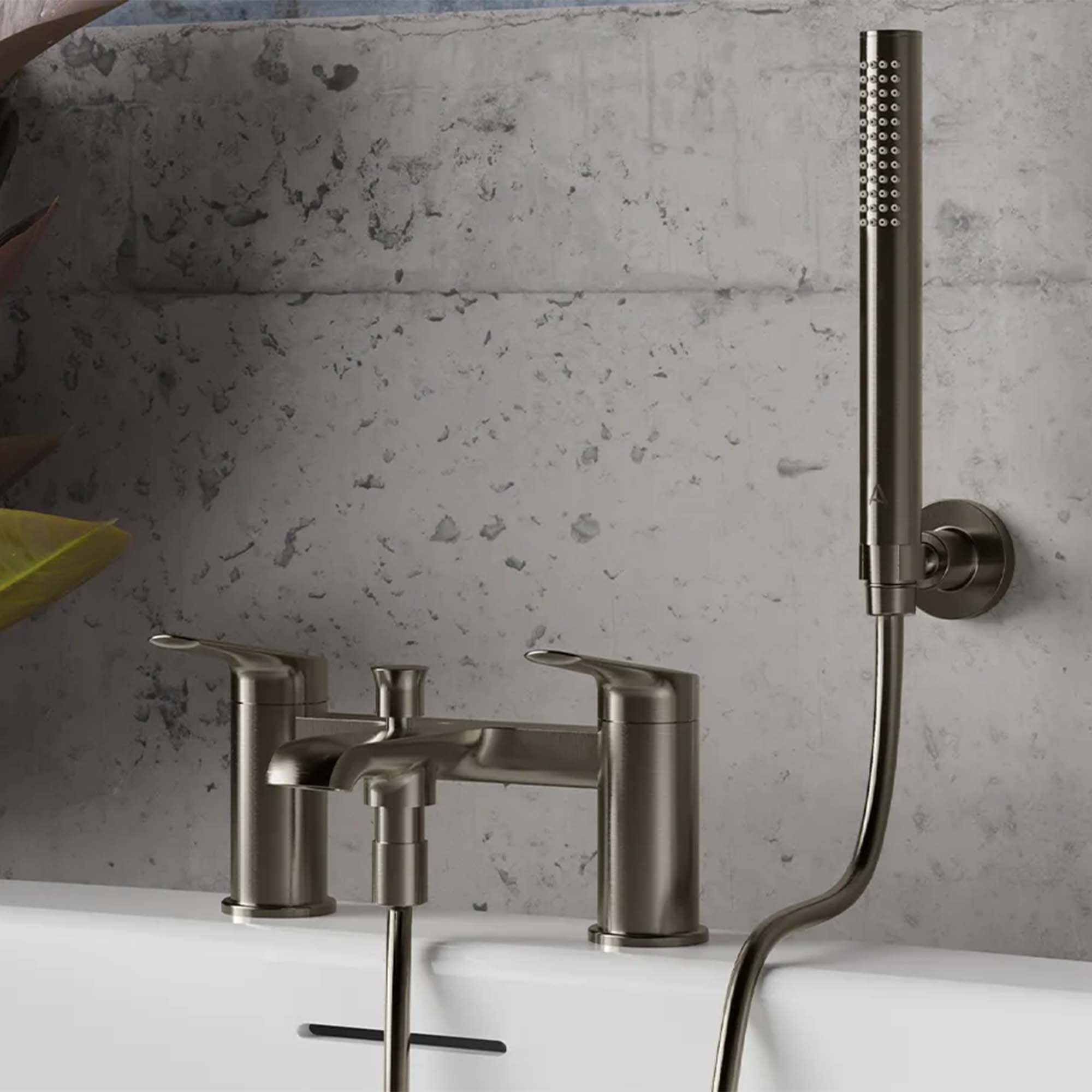 lucca deck mounted bath shower mixer with handset gunmetal grey