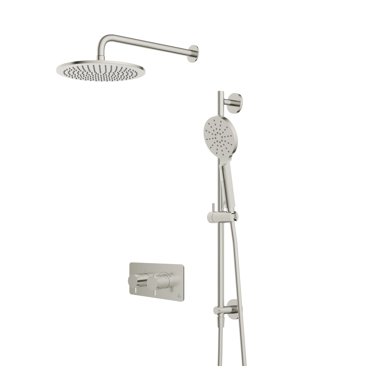 lucca minimal 2 outlet thermostatic shower valve slide rail handset and fixed overhead brushed nickel