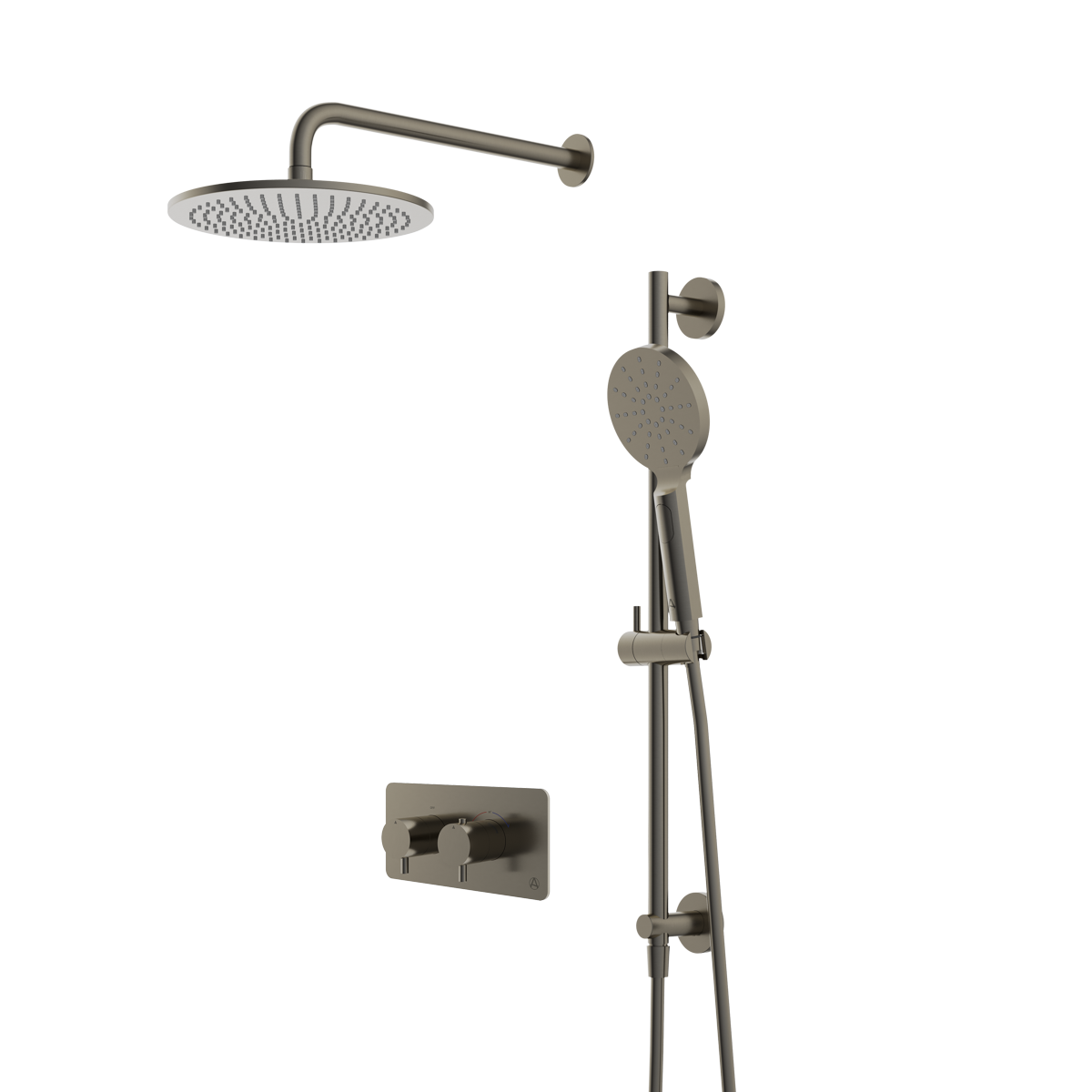 lucca minimal 2 outlet thermostatic shower valve slide rail handset and fixed overhead gunmetal grey