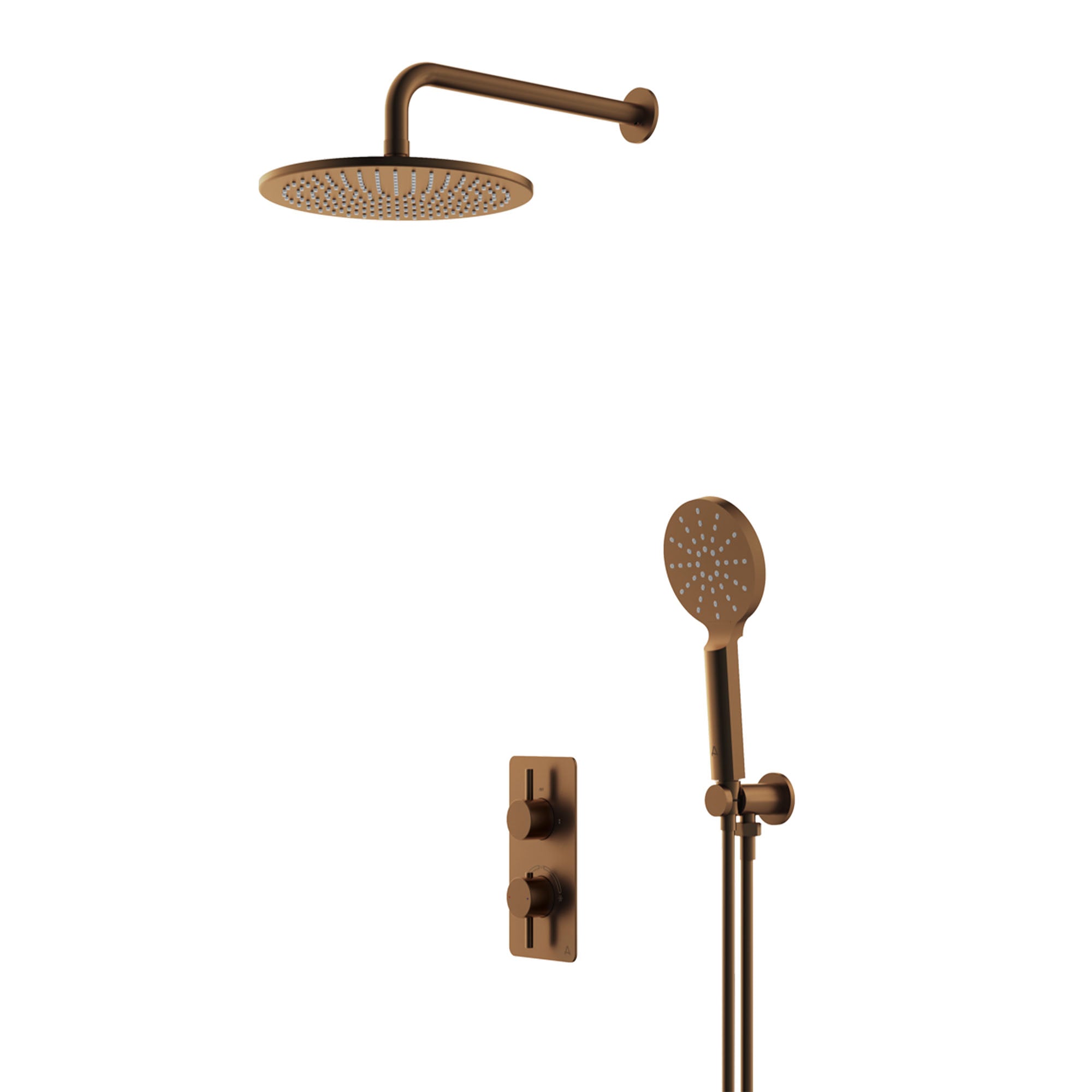 lucca minimal 2 outlet thermostatic shower valve with multifunction handset and fixed overhead brushed bronze