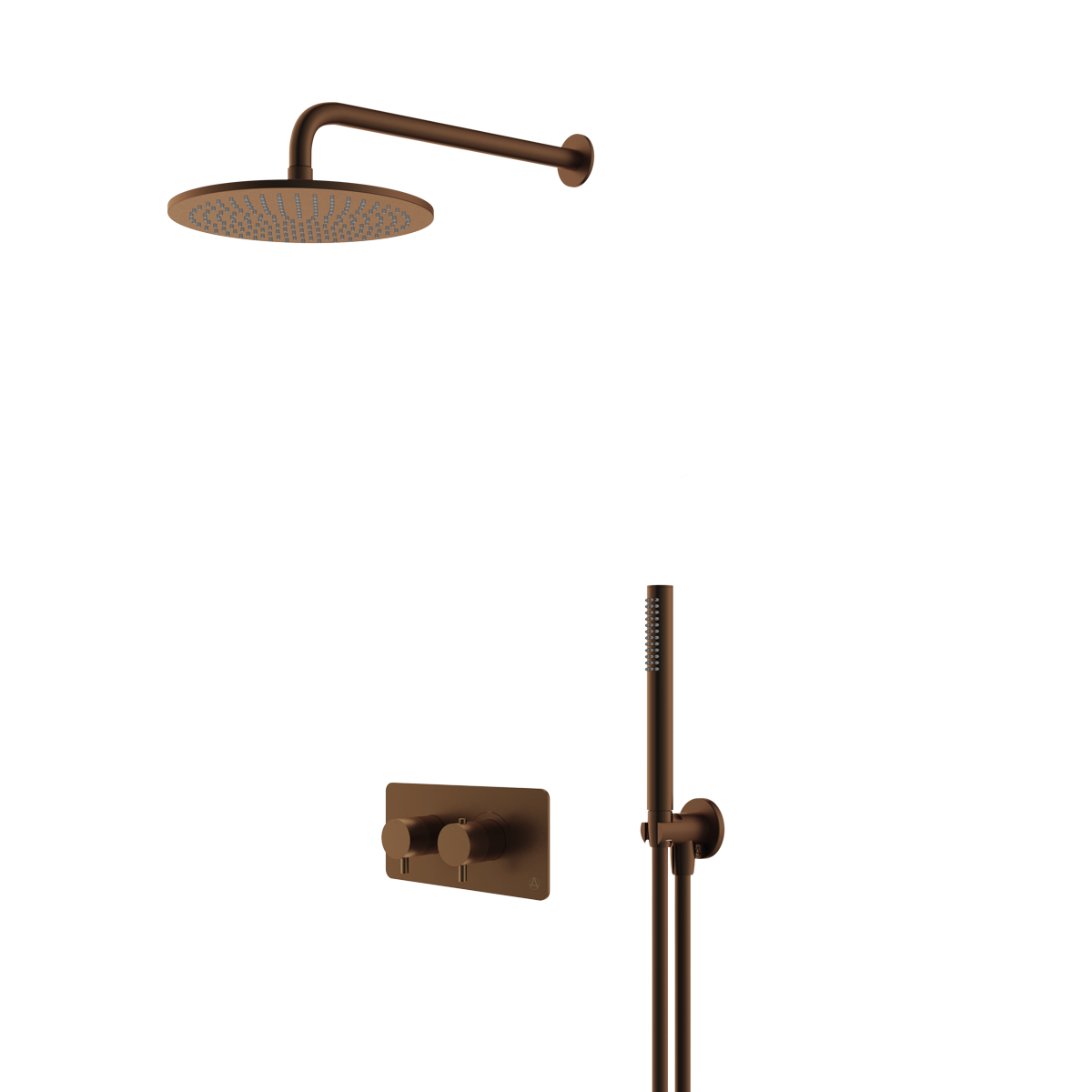 lucca minimal 2 outlet thermostatic shower valve with pencil handset and fixed overhead brushed bronze
