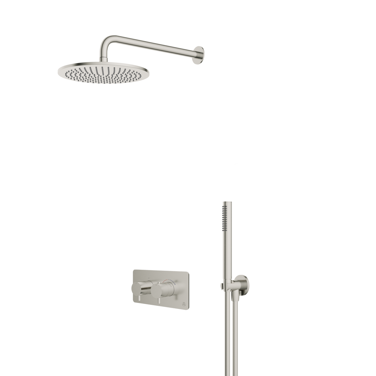 lucca minimal 2 outlet thermostatic shower valve with pencil handset and fixed overhead brushed nickel