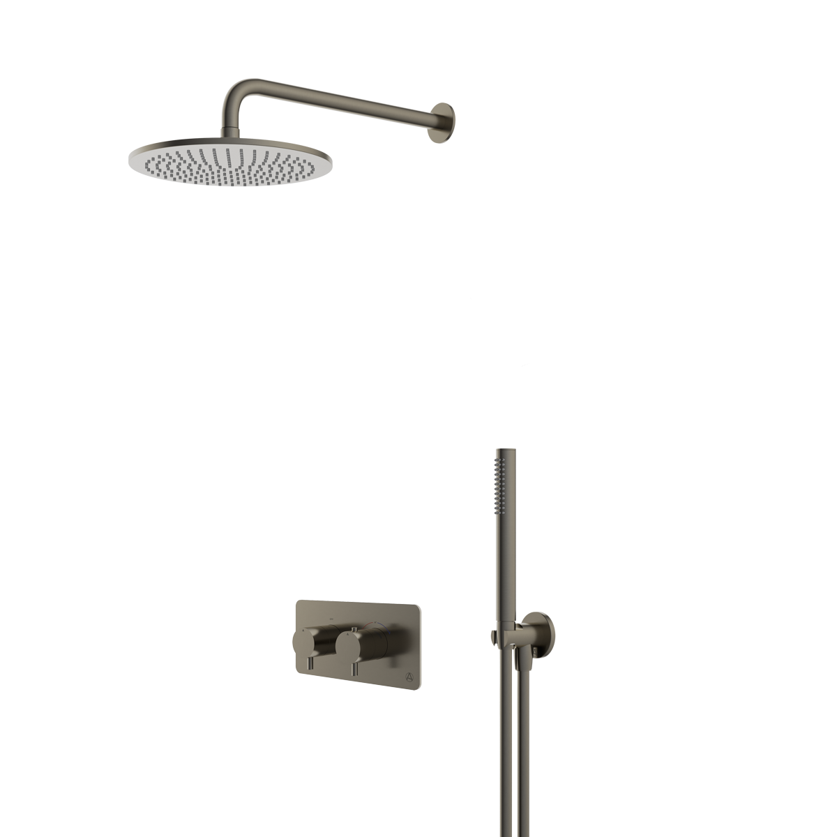 lucca minimal 2 outlet thermostatic shower valve with pencil handset and fixed overhead gunmetal grey