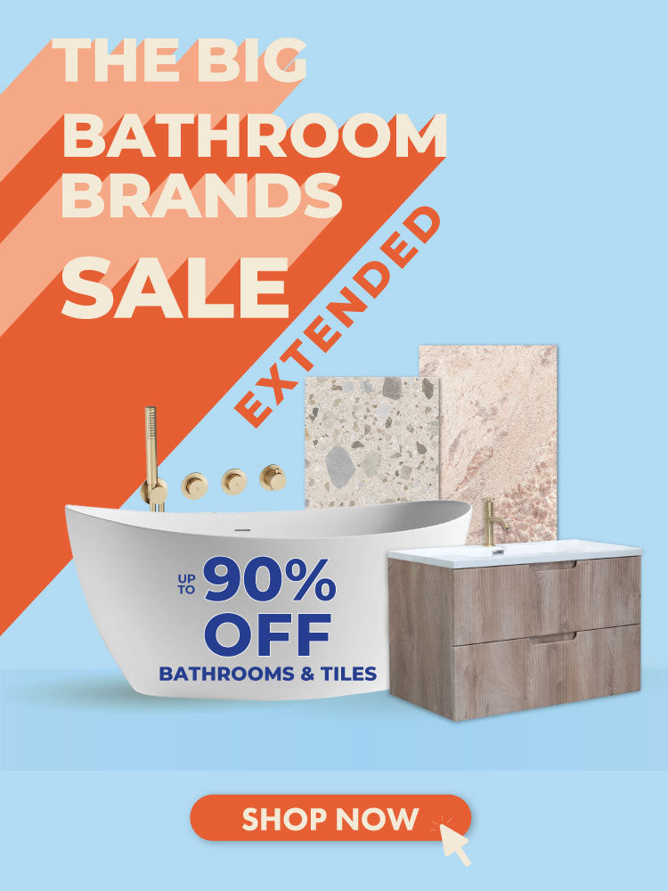 up to 90% off bathrooms and tiles big brands sale banner