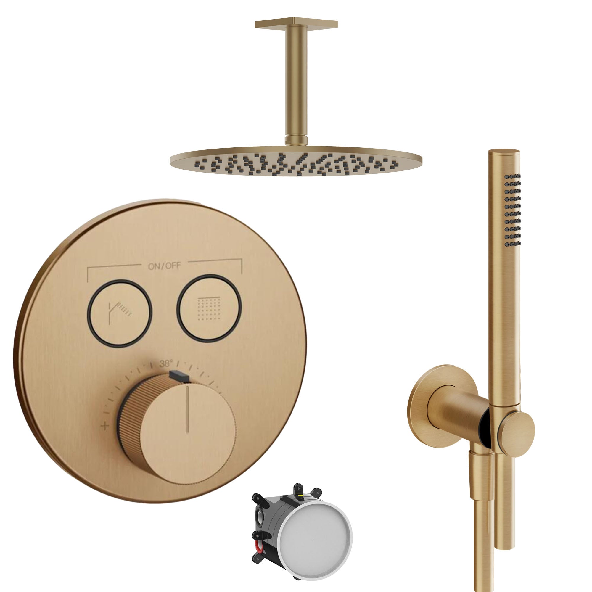 manzoni 2 outlet thermostatic shower valve and pencil handset with ceiling overhead warm bronze brushed