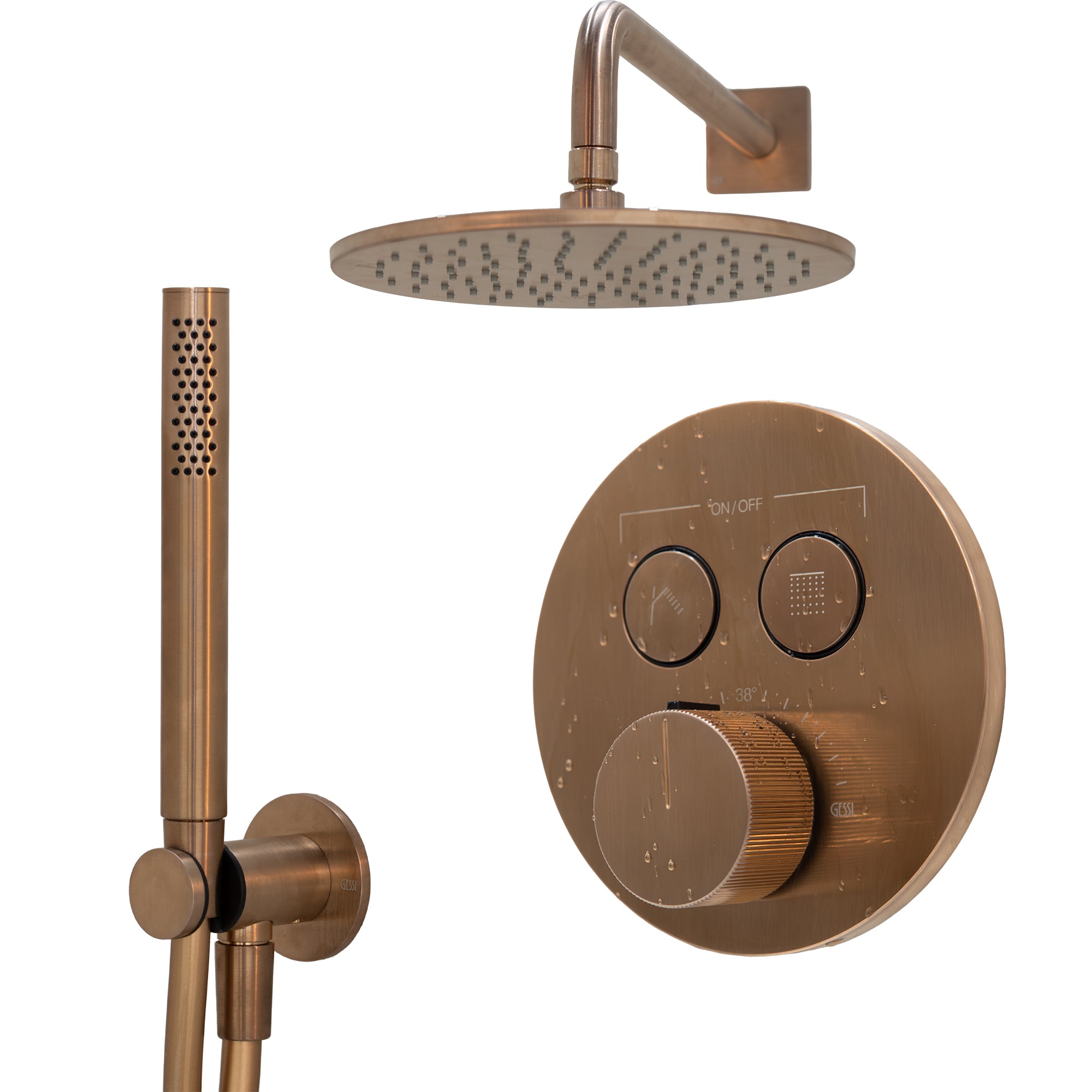manzoni 2 outlet thermostatic shower valve and pencil handset with wall overhead warm bronze brushed