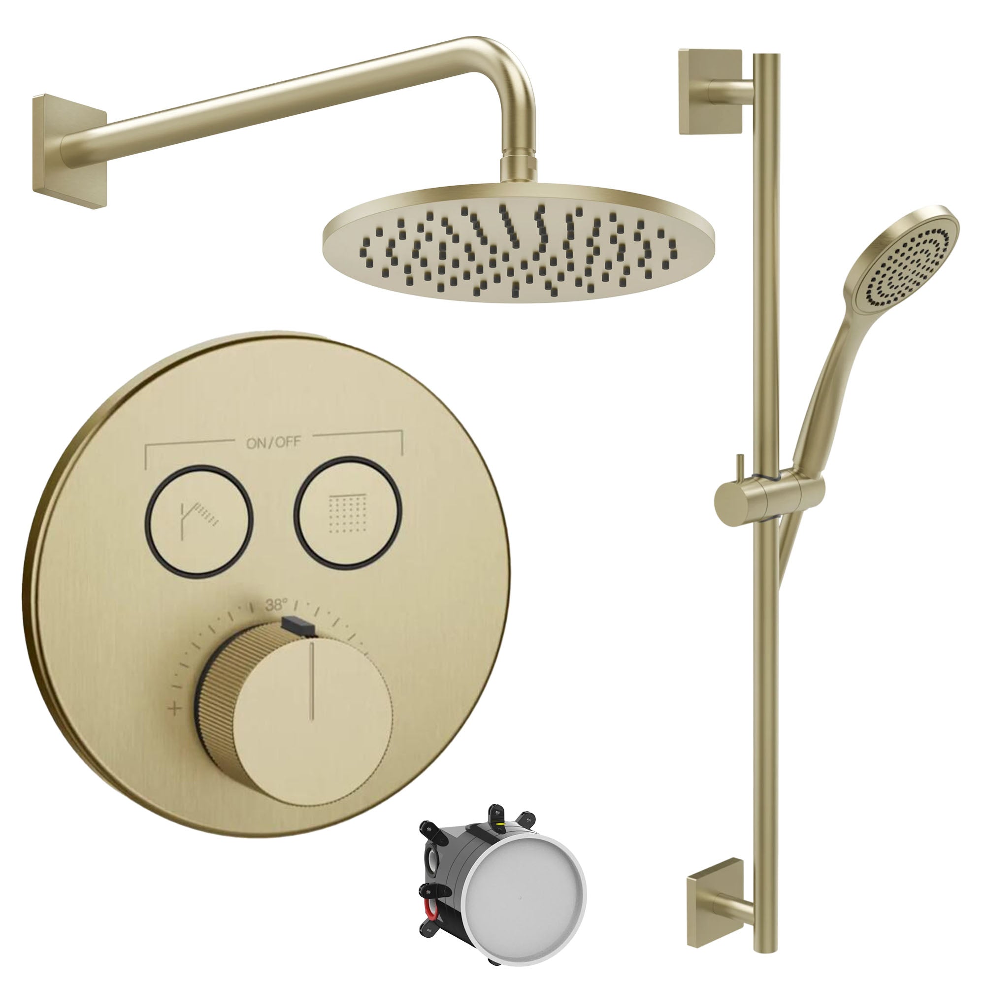 manzoni 2 outlet thermostatic shower valve and slide rail handset with wall overhead brushed brass