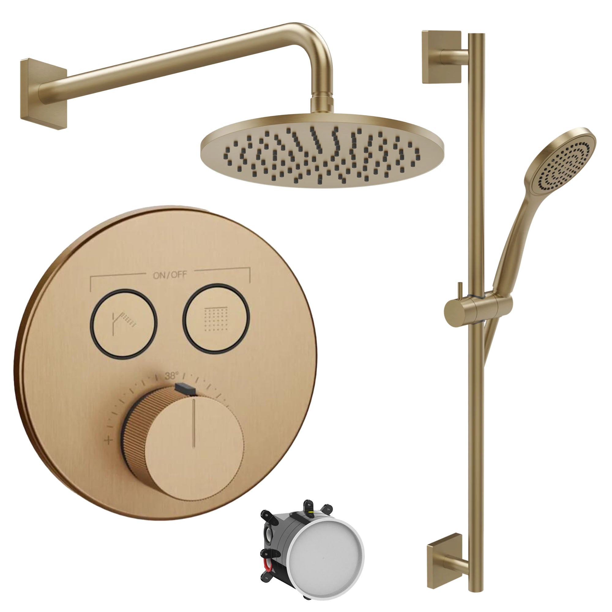 manzoni 2 outlet thermostatic shower valve and slide rail handset with wall overhead warm brushed bronze