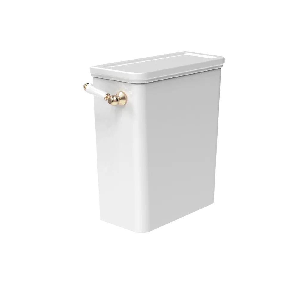 Marston close coupled cistern with lever in gloss white and brushed brass finish.