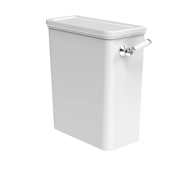 Marston close coupled cistern with lever in gloss white and chrome finish.