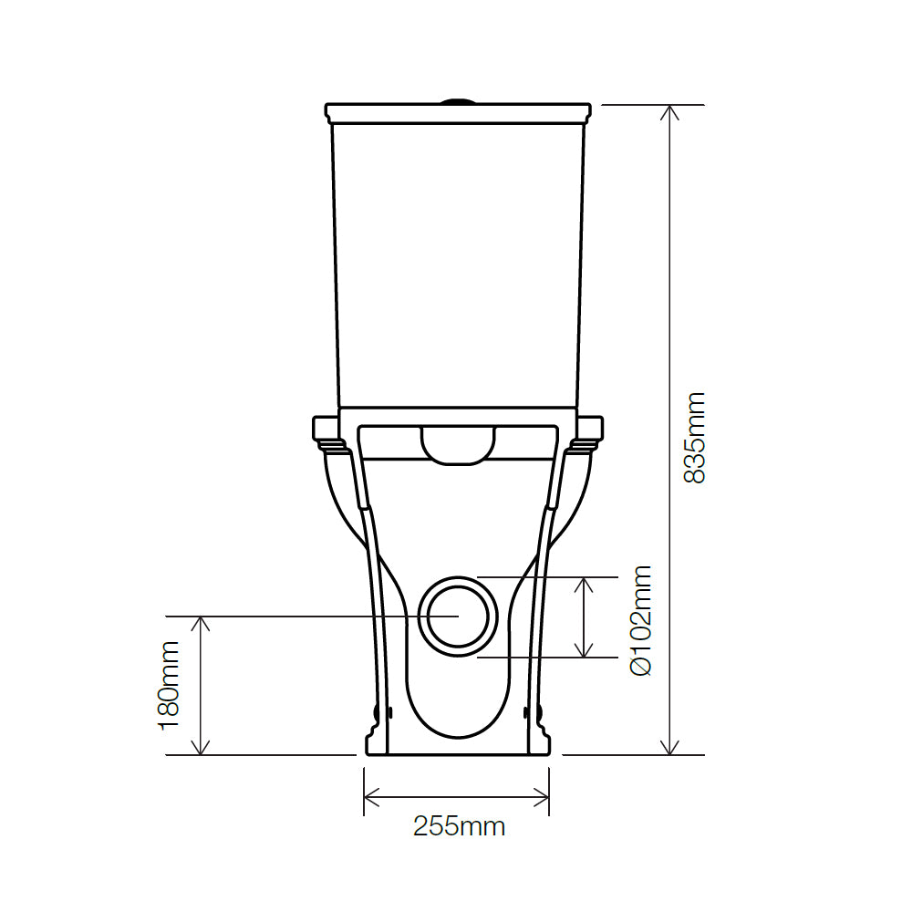 Technical drawing of rear of Marston toilet with dimensions labelled