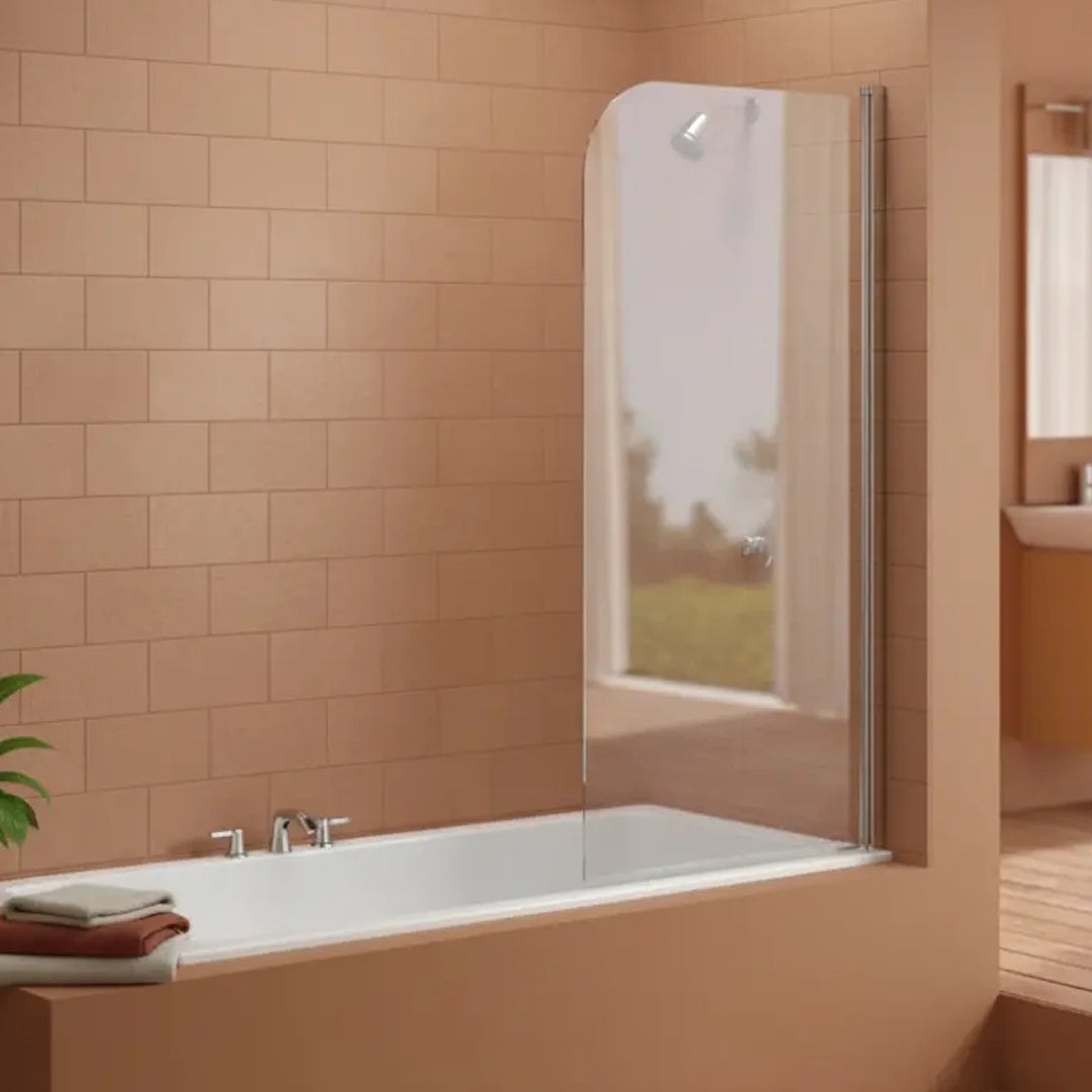 Image of the Merlyn MB1 Single Rounded Bath Screen 800x1500mm in chrome, supplied by Deluxe Bathrooms.