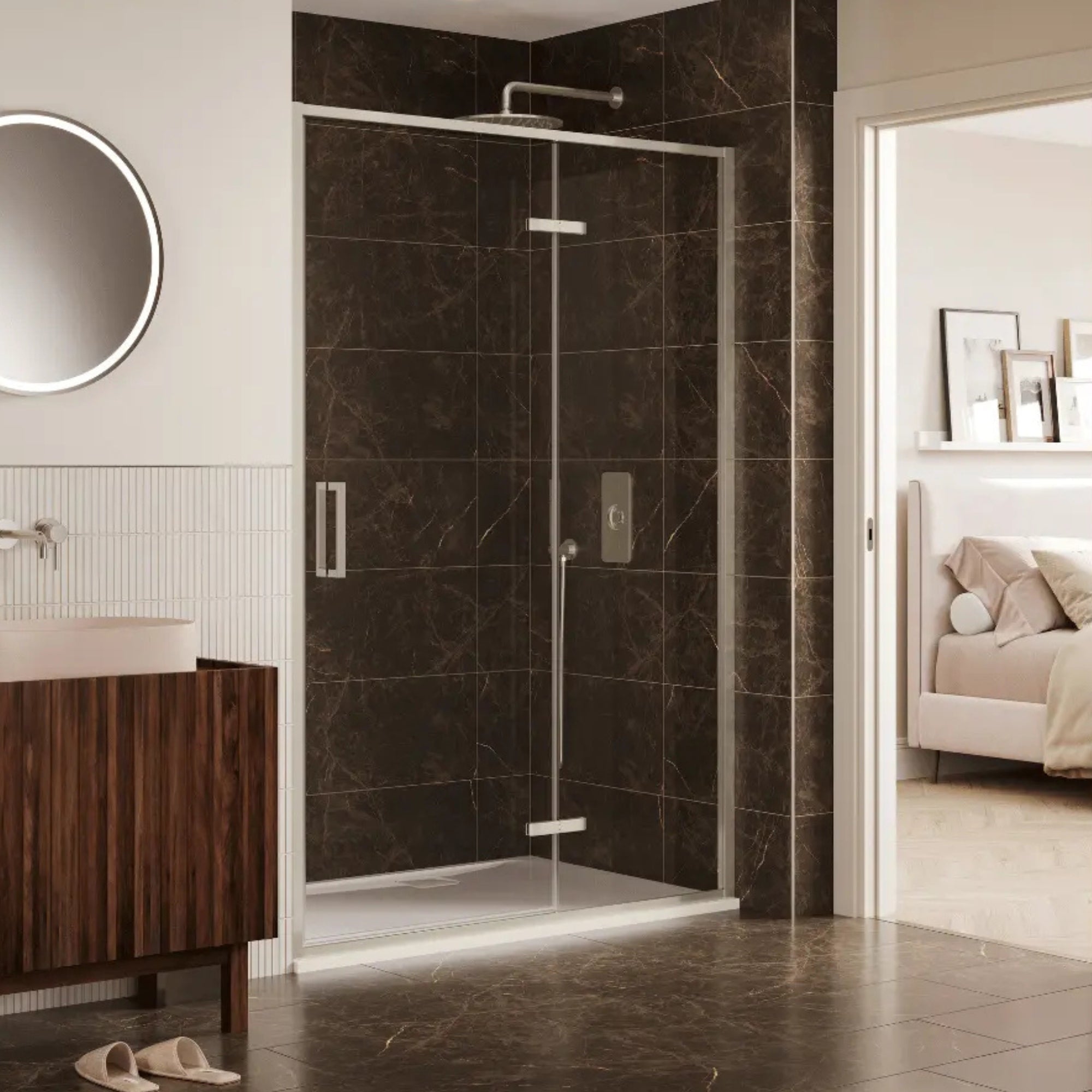 Merlyn 6 Series Sleek Hinge And Inline Shower Door With Side Panel - Brushed Nickel