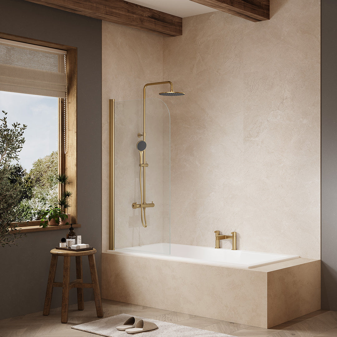 Image of the Merlyn MB1 Single Rounded Bath Screen 800x1500mm in brushed brass, supplied by Deluxe Bathrooms.