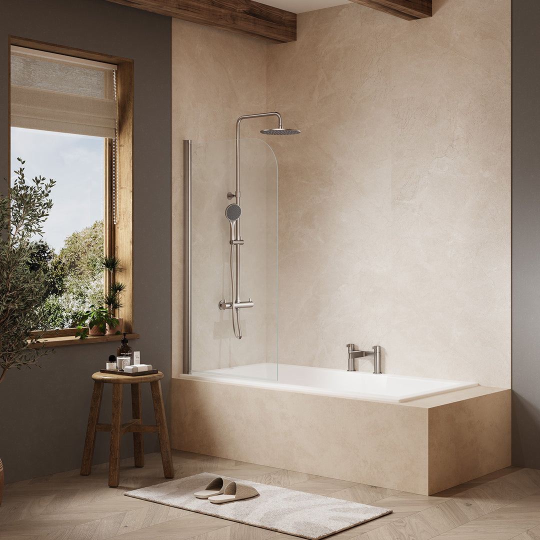 Image of the Merlyn MB1 Single Rounded Bath Screen 800x1500mm in chrome, supplied by Deluxe Bathrooms.