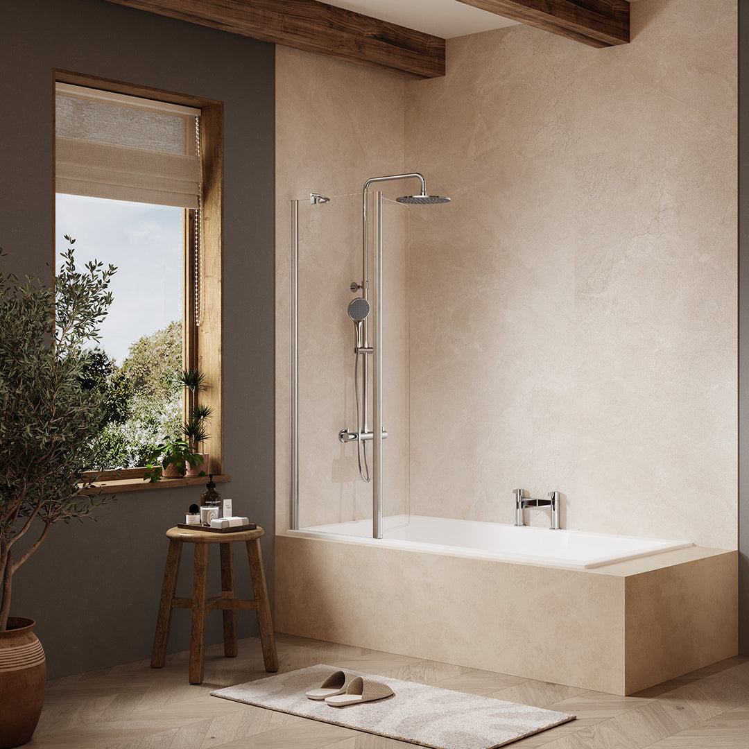 Image of the Merlyn MB1 Single Rounded Bath Screen 800x1500mm in chrome, supplied by Deluxe Bathrooms.