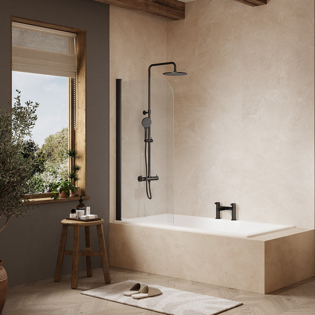 Image of the Merlyn MB1 Single Rounded Bath Screen 800x1500mm in matt black, supplied by Deluxe Bathrooms.