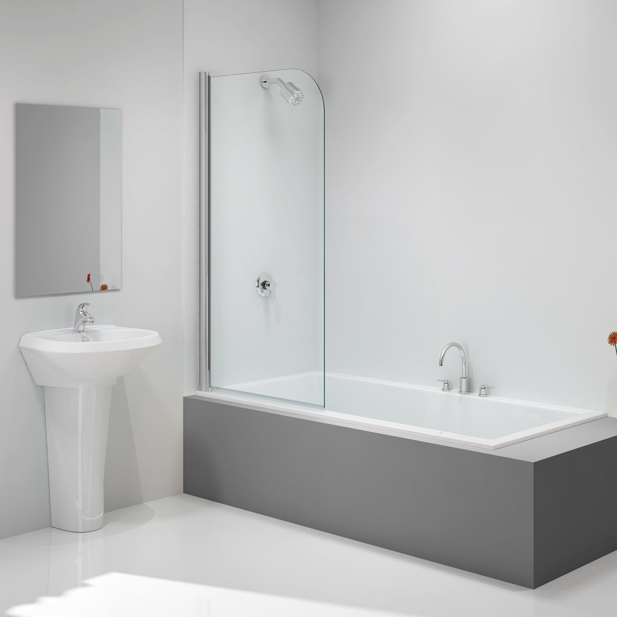 Image of the Merlyn MB1 Single Rounded Bath Screen 800x1500mm in chrome, supplied by Deluxe Bathrooms.