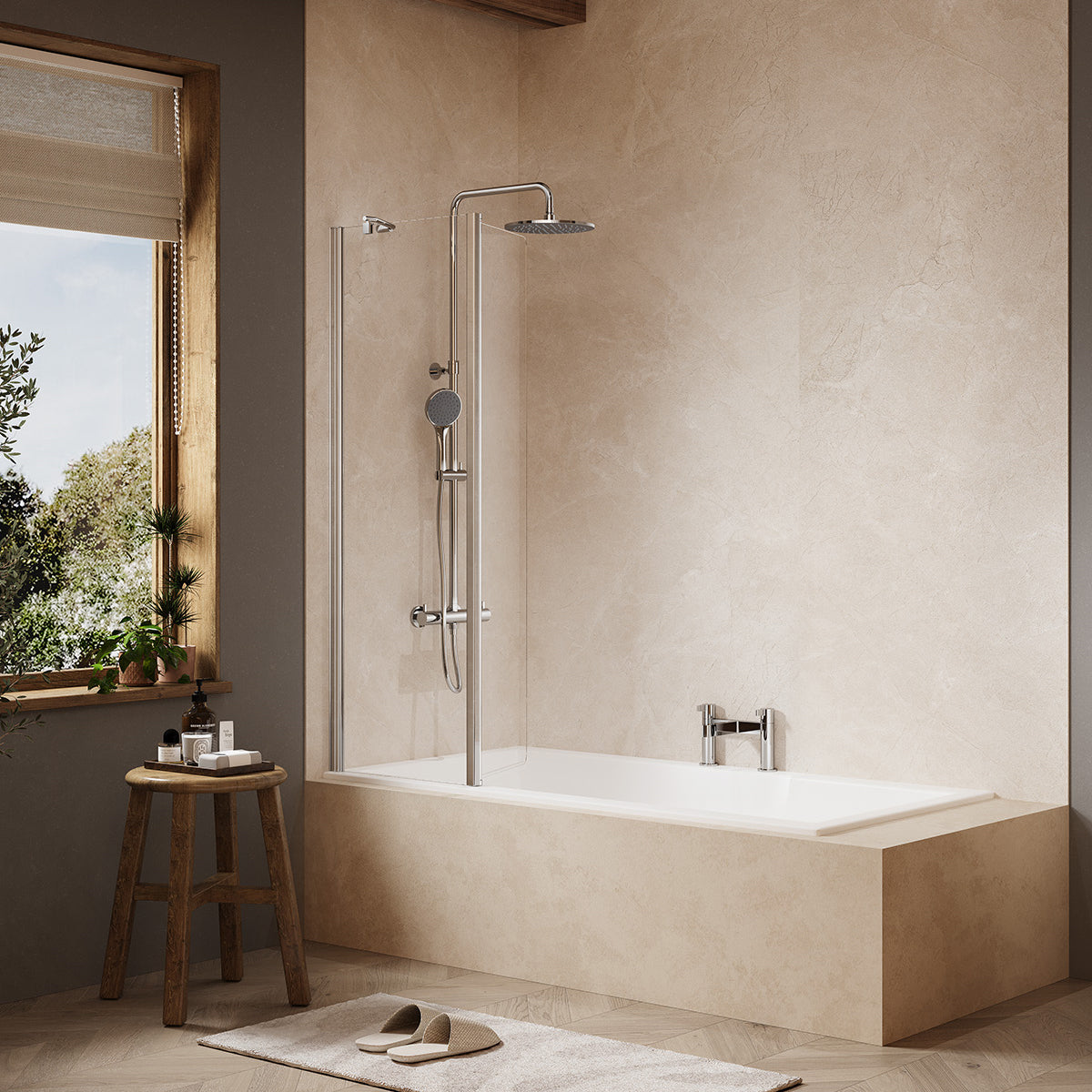 The MERLYN MB15 Two Panel Swivel Curved Bath Screen in chrome, supplied by Deluxe Bathrooms.