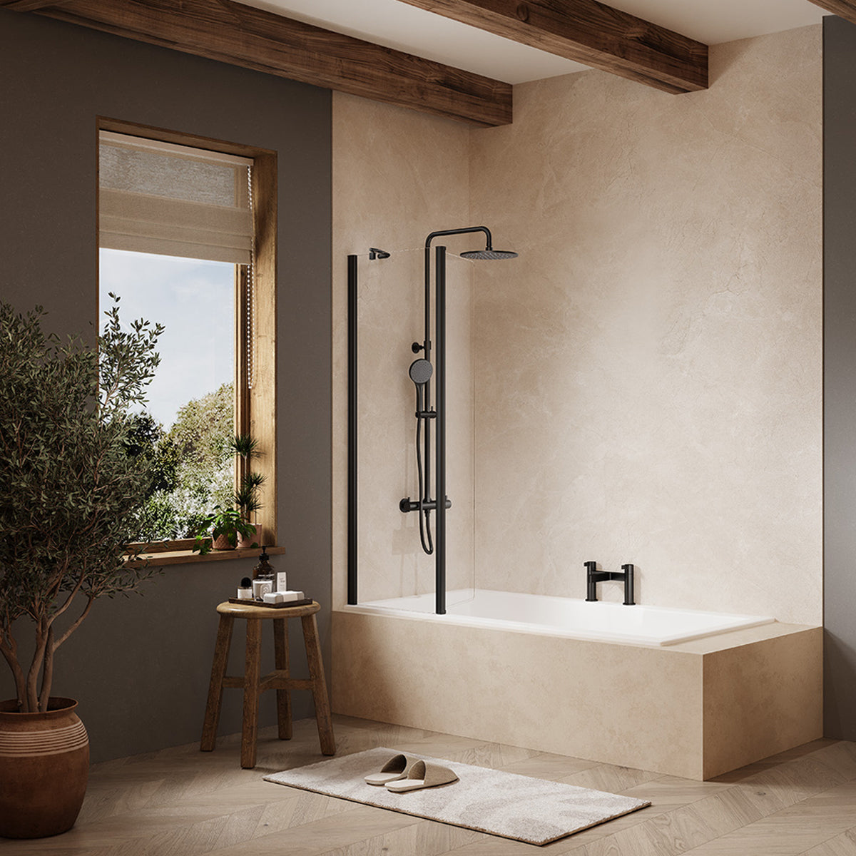 The MERLYN MB15 Two Panel Swivel Curved Bath Screen in matt black, supplied by Deluxe Bathrooms.