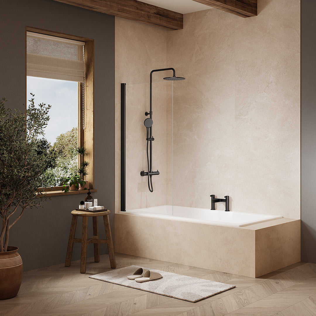 Image of the Merlyn MB2 Single Square Bath Screen 800x1500mm in matt black, supplied by Deluxe Bathrooms.