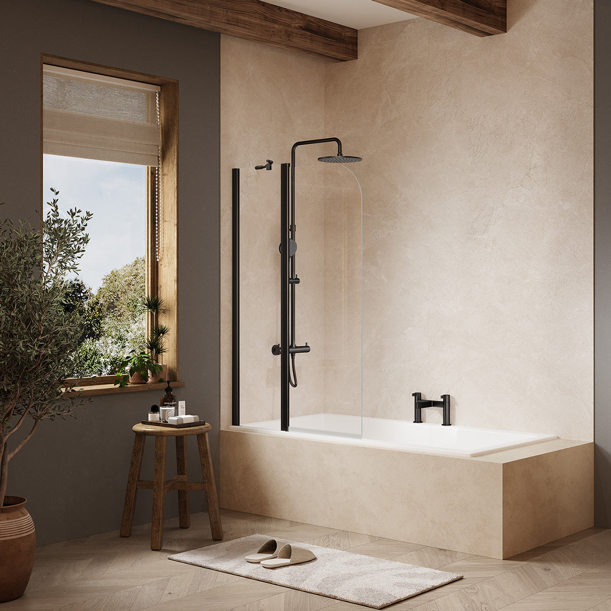 Merlyn MB3A two-panel folding curved bath screen in matt black finish, supplied by Deluxe Bathrooms.
