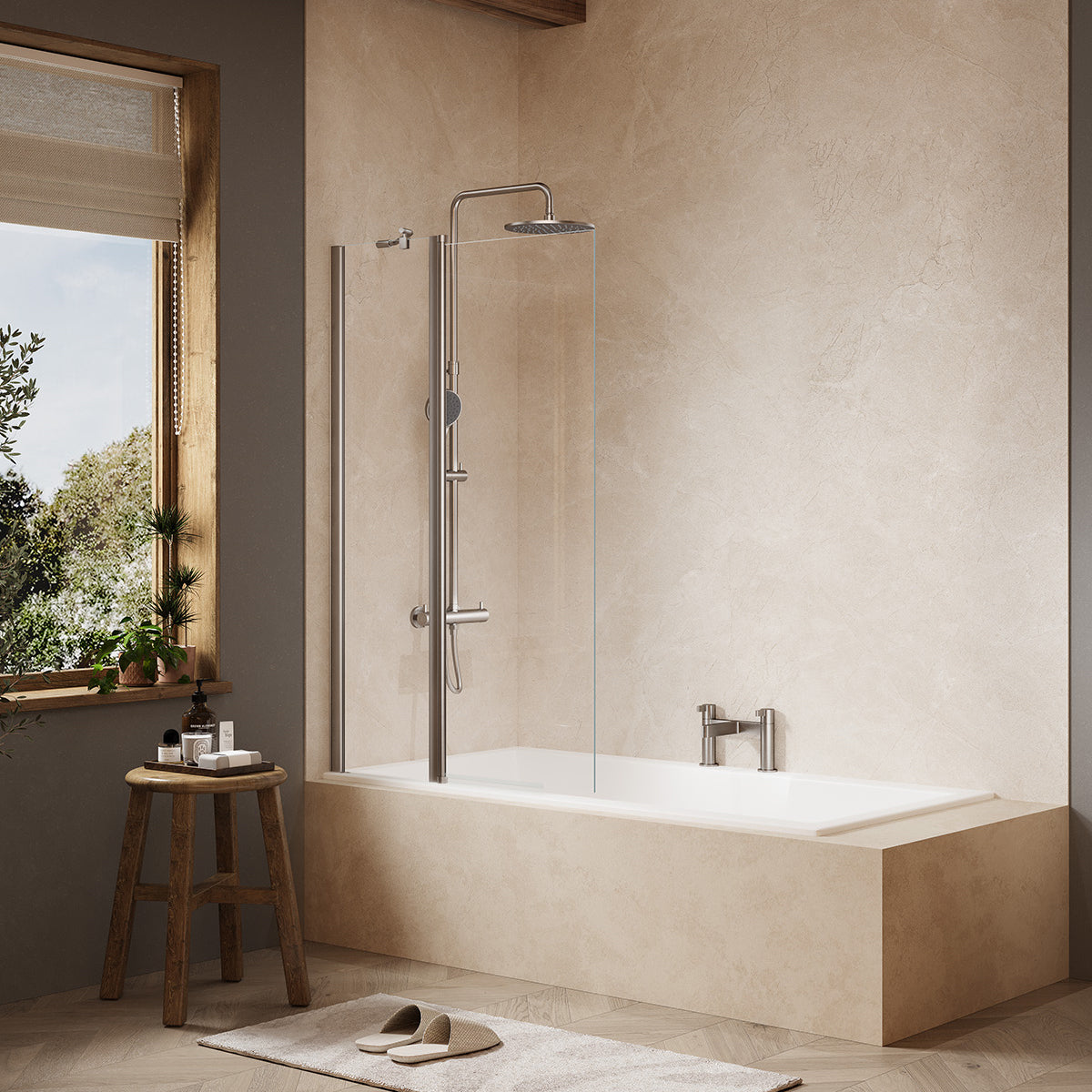 Merlyn MB3B two-panel folding square bath screen in brushed nickel finish, supplied by Deluxe Bathrooms.