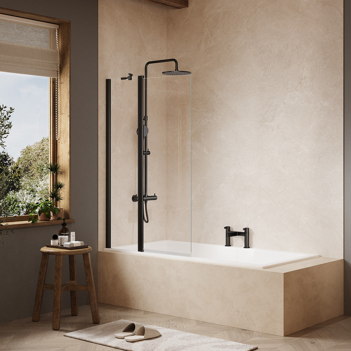 Merlyn MB3B two-panel folding square bath screen in matt black finish, supplied by Deluxe Bathrooms.