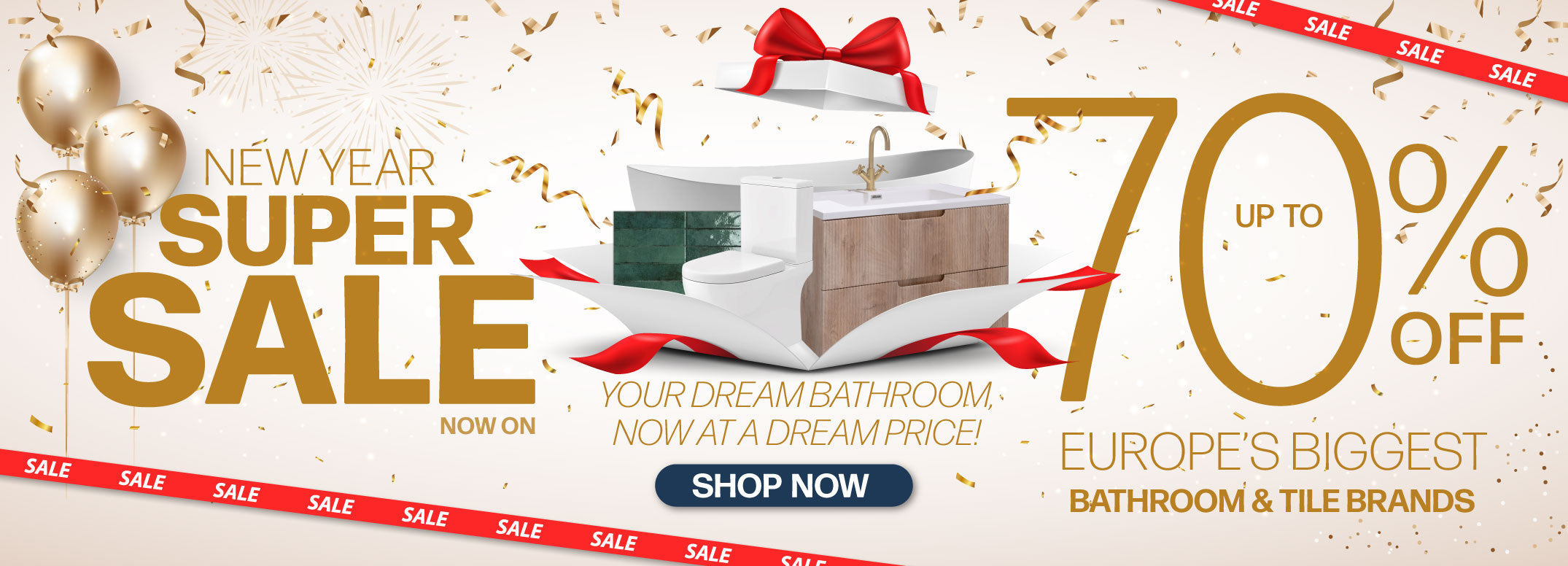 bathroom and tile new year sale at deluxe bathrooms banner