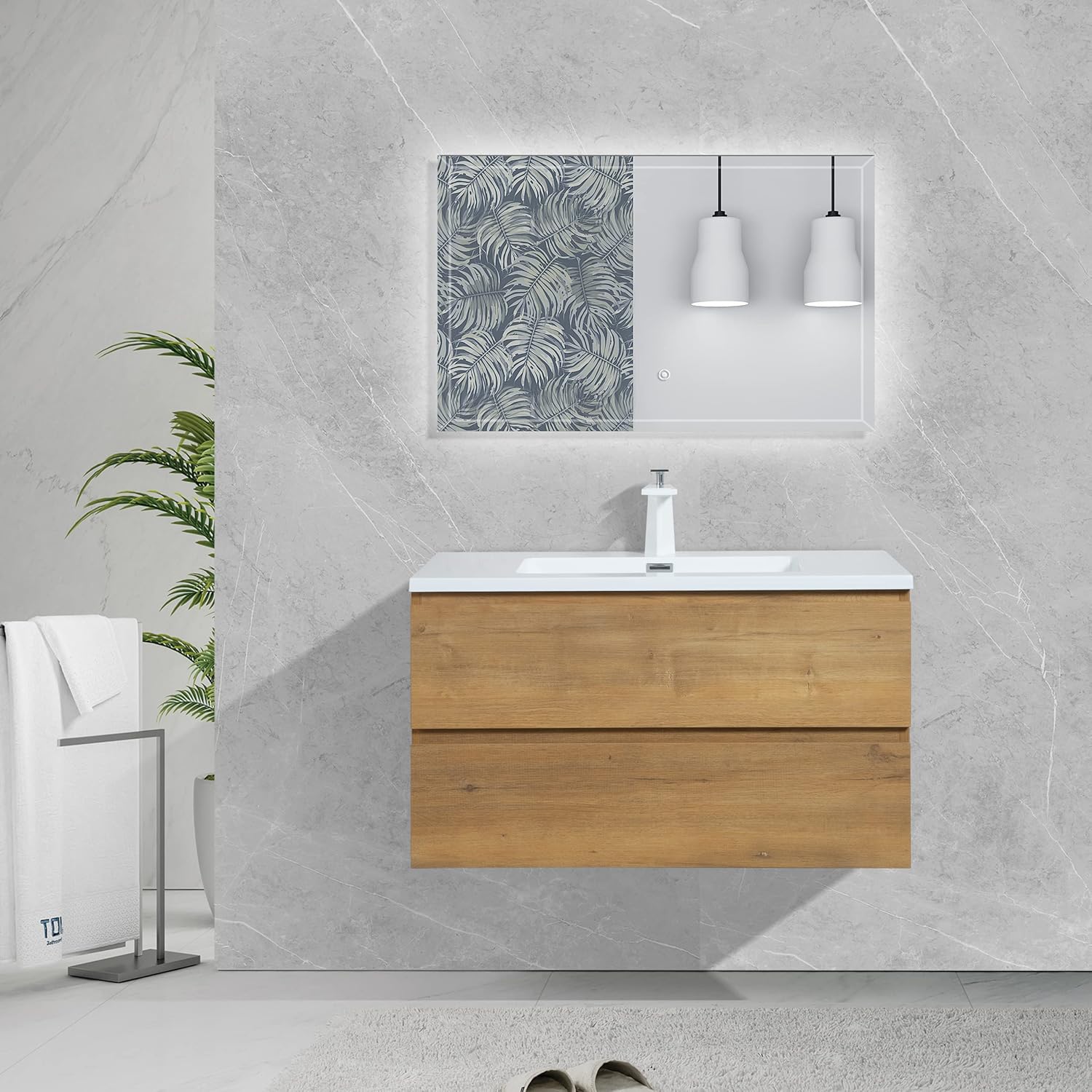 Granlusso™ Rocco Oak Wall Mounted Vanity Unit With Gloss White Washbasin