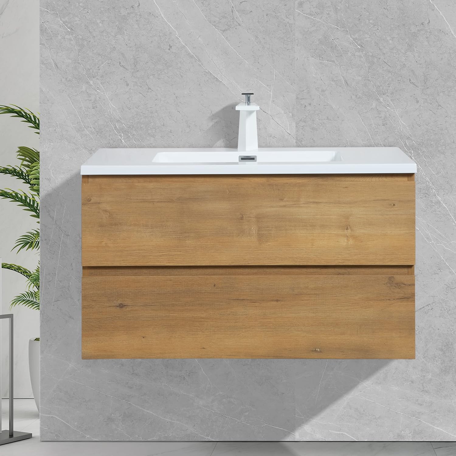 Granlusso™ Rocco Oak Wall Mounted Vanity Unit With Gloss White Washbasin