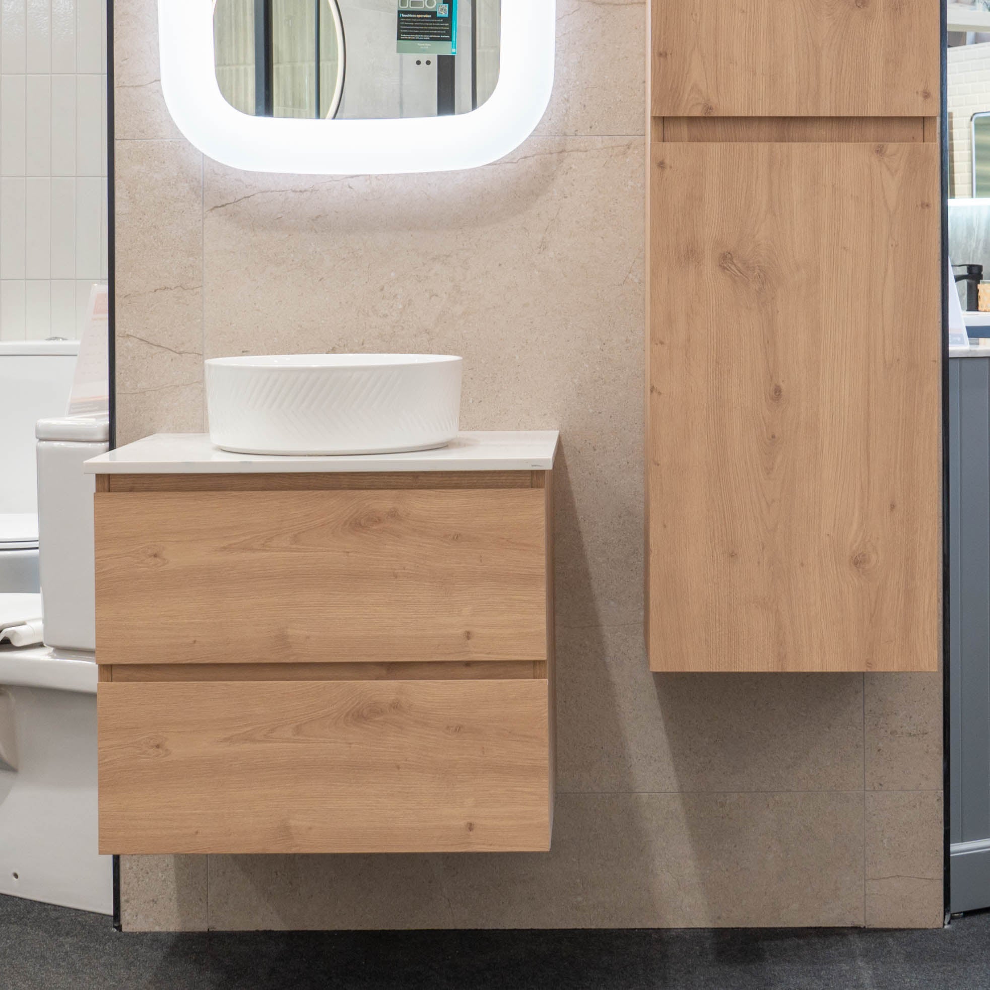 Granlusso™ Rocco Oak Wall Mounted Vanity Unit With Carrara Marble Effect Worktop