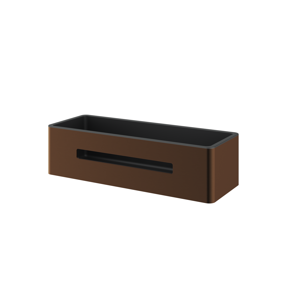 The Rensa rectangular shower basket in brushed bronze, supplied by Deluxe Bathrooms.