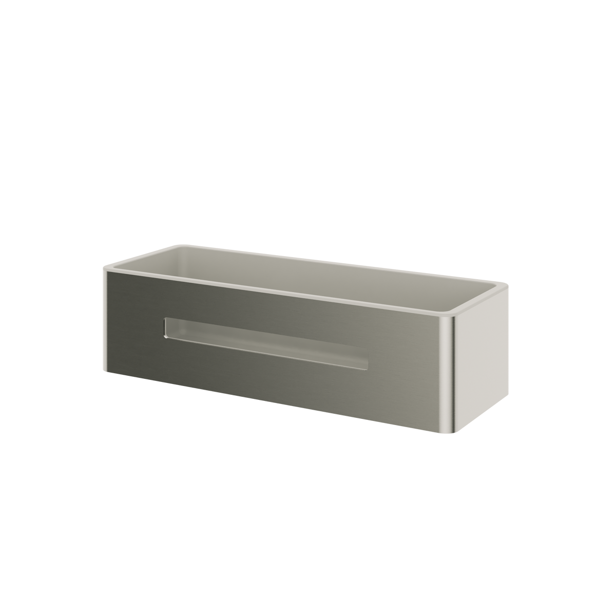 The Rensa rectangular shower basket in brushed nickel, supplied by Deluxe Bathrooms.